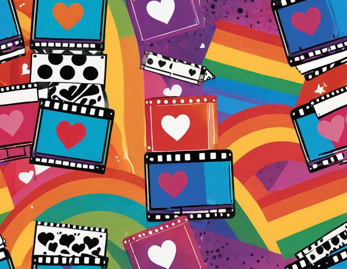 A vibrant film reel unfurling with colorful scenes from iconic LGBTQ films, featuring joyful characters embracing, laughing, and celebrating love. Bright rainbow colors illuminating the background with heart motifs and film clapperboards scattered around. Evoke a sense of happiness and inclusivity, with a whimsical, cheerful atmosphere. vector art. vibrant colors. white background.
